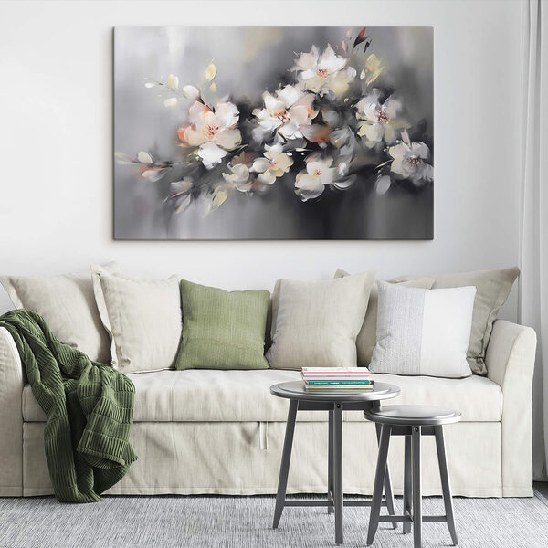 Schilderij van bloemen op een grijze achtergrond Canvas Schilderijen Schilderij van bloemen op een grijze achtergrond