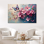 Canvas Schilderijen Vlinder op een tak met roze bloemen