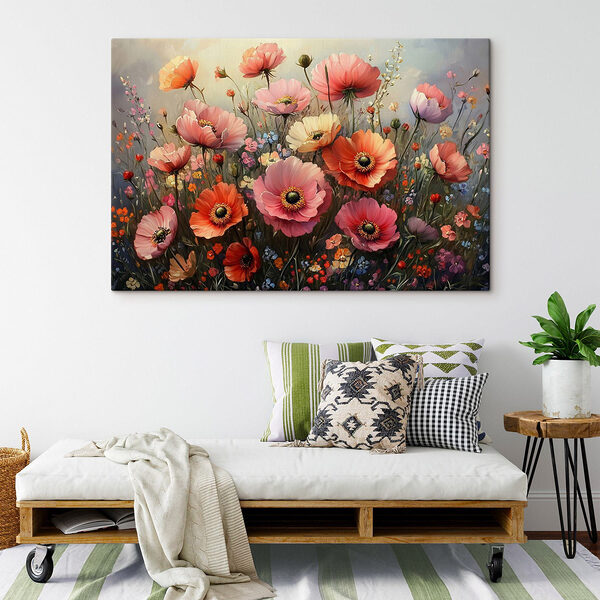 Schilderij van bloemen in een veld Canvas Schilderijen Schilderij van bloemen in een veld