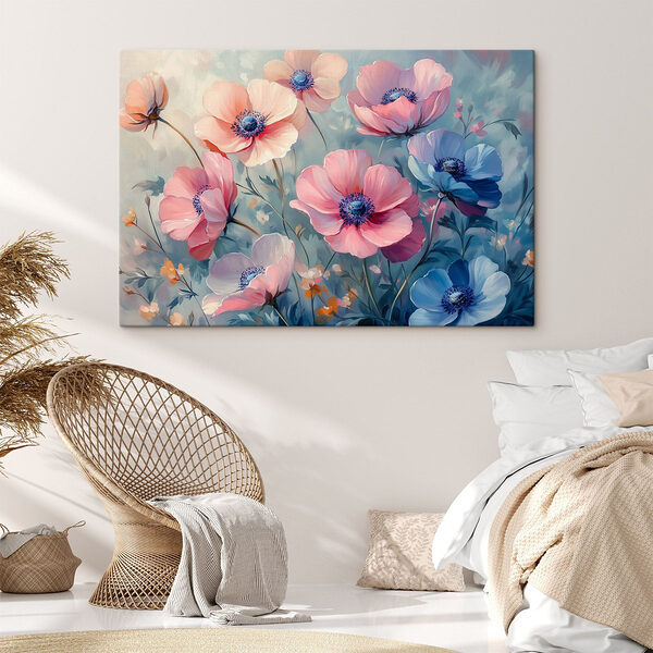 Schilderij van bloemen op een blauwe achtergrond Canvas Schilderijen Schilderij van bloemen op een blauwe achtergrond