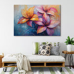 Canvas Schilderijen Schilderij van bloemen op een blauwe achtergrond