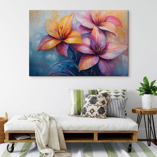 Schilderij van bloemen op een blauwe achtergrond Canvas Schilderijen Schilderij van bloemen op een blauwe achtergrond