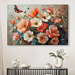 Canvas Schilderijen Vlinder vliegend over een boeket bloemen