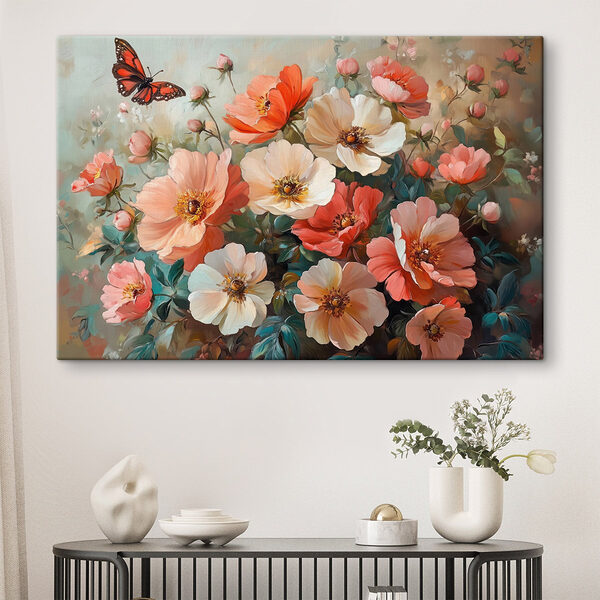 Vlinder vliegend over een boeket bloemen Canvas Schilderijen Vlinder vliegend over een boeket bloemen