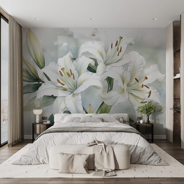 Elegante witte lelies in zacht licht Fotobehang Elegante witte lelies in zacht licht