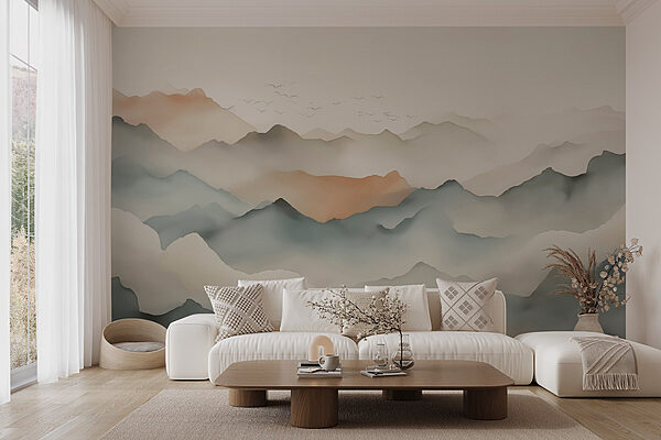 Landschap van bergen met wolken Fotobehang Landschap van bergen met wolken