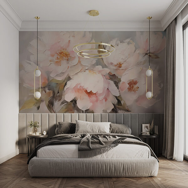 Schilderij van bloemen op een wit oppervlak Fotobehang Schilderij van bloemen op een wit oppervlak