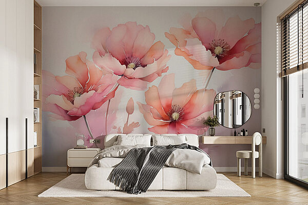 Schilderij van bloemen op een witte achtergrond Fotobehang Schilderij van bloemen op een witte achtergrond