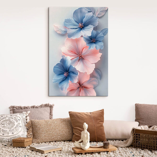 Groep blauwe en roze bloemen Canvas Schilderijen Groep blauwe en roze bloemen
