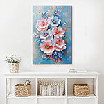 Canvas Schilderijen Schilderij van bloemen op een blauw oppervlak