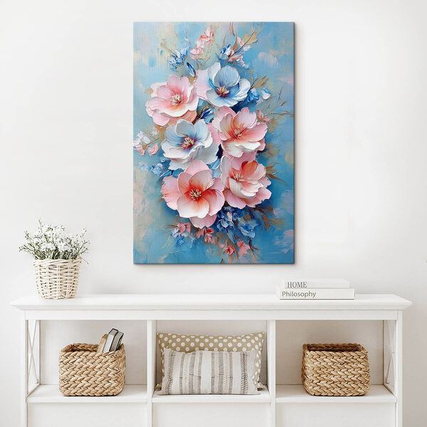 Schilderij van bloemen op een blauw oppervlak Canvas Schilderijen Schilderij van bloemen op een blauw oppervlak