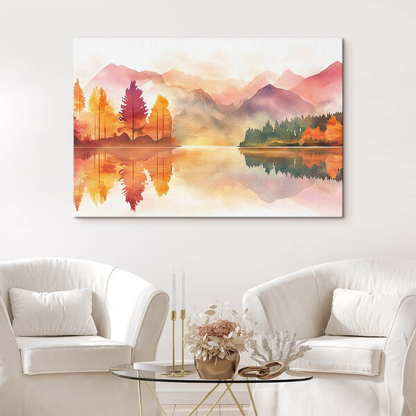 Aquarel van een meer met bomen en bergen op de achtergrond Canvas Schilderijen Aquarel van een meer met bomen en bergen op de achtergrond