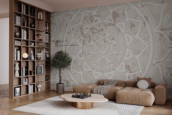 Witte mandala op een bruin oppervlak Fotobehang Witte mandala op een bruin oppervlak