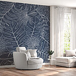 Fotobehang Bladerenpatroon op blauwe achtergrond