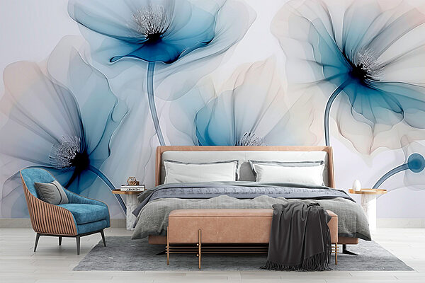 Fotobehang Groep bloemen met blauwe bloemblaadjes (Artikelnummer: w02696) Fotobehang Fotobehang Groep bloemen met blauwe bloemblaadjes (Artikelnummer: w02696)