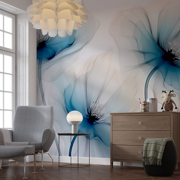 Fotobehang Groep bloemen met blauwe bloemblaadjes