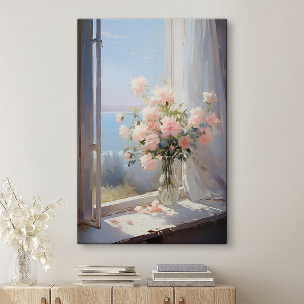 Vaas met bloemen voor een raam Canvas Schilderijen Vaas met bloemen voor een raam