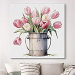 Canvas Schilderijen Schilderij van roze tulpen in een metalen emmer