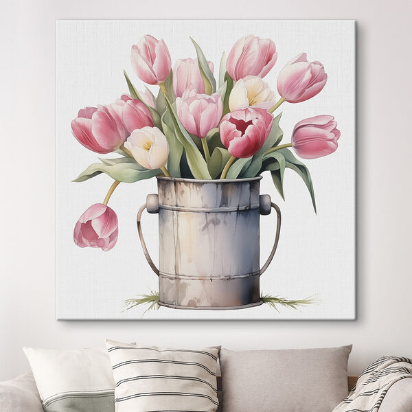 Schilderij van roze tulpen in een metalen emmer Canvas Schilderijen Schilderij van roze tulpen in een metalen emmer