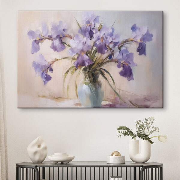 Schilderij van paarse bloemen in een vaas Canvas Schilderijen Schilderij van paarse bloemen in een vaas