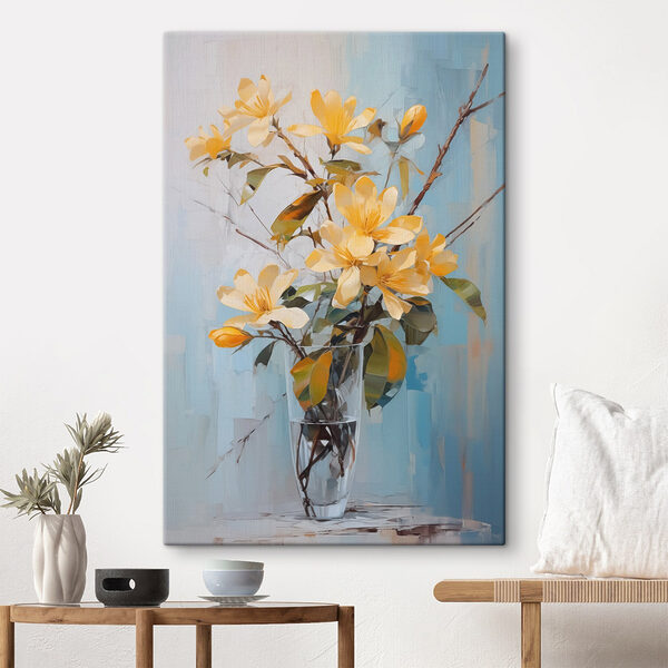 Gele bloemen in een glazen vaas Canvas Schilderijen Gele bloemen in een glazen vaas