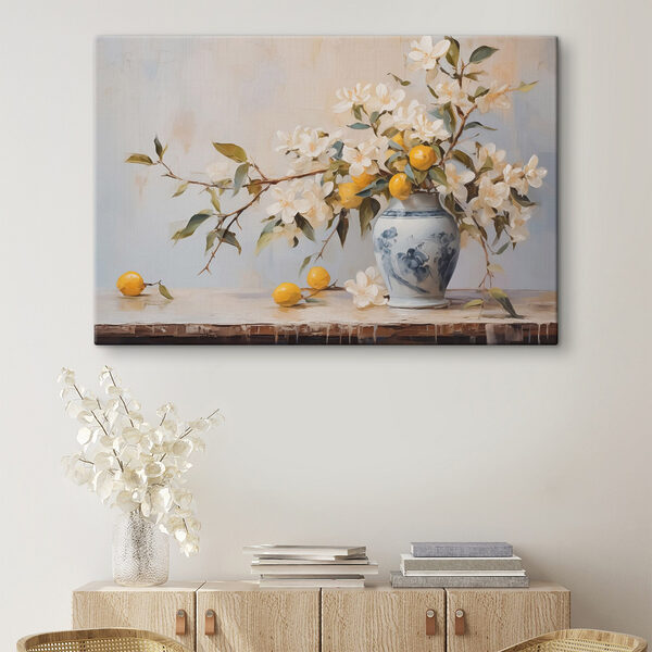 Schilderij van een vaas met bloemen en citroenen Canvas Schilderijen Schilderij van een vaas met bloemen en citroenen
