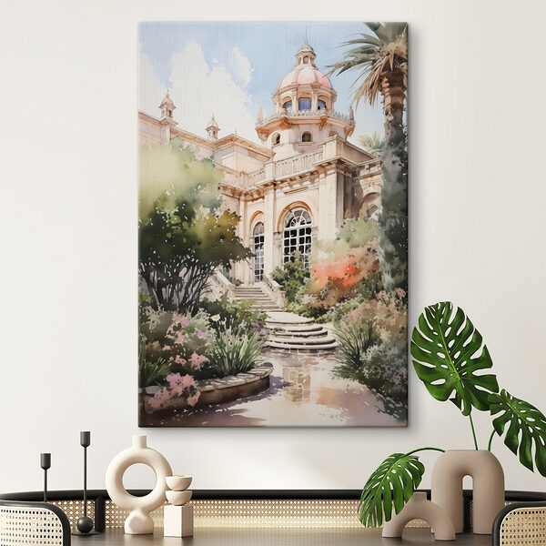 Aquarelverfschilderij van een gebouw met toren en trap Canvas Schilderijen Aquarelverfschilderij van een gebouw met toren en trap