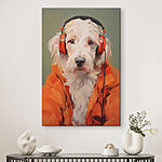 Canvas Schilderijen Hond met oranje koptelefoon