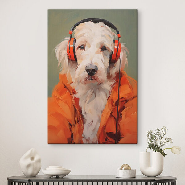 Hond met oranje koptelefoon Canvas Schilderijen Hond met oranje koptelefoon