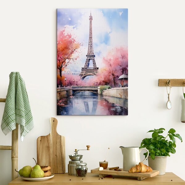 Aquarel van een toren met roze bloemen en een brug Canvas Schilderijen Aquarel van een toren met roze bloemen en een brug