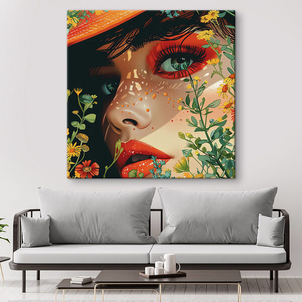 Vrouw met hoed en bloemen Canvas Schilderijen Vrouw met hoed en bloemen