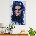 Canvas Schilderijen Schilderij van een vrouw met blauwe bloemen in haar haar