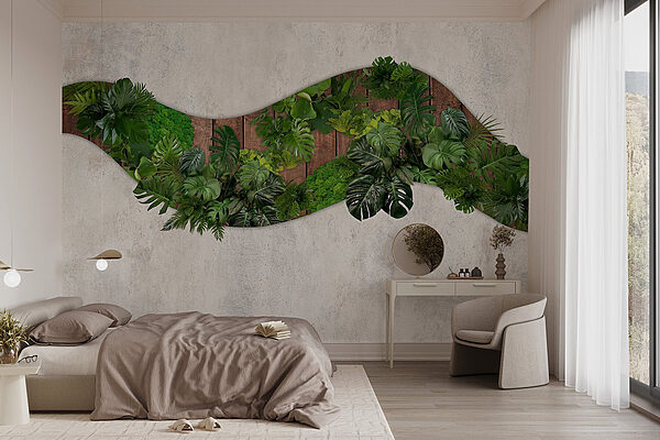 Groene bladeren op een houten oppervlak Fotobehang Groene bladeren op een houten oppervlak