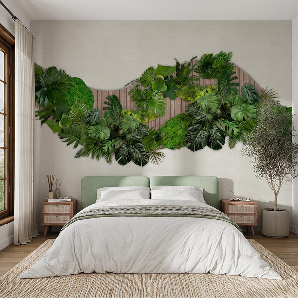 Groep groene bladeren op een houten ondergrond Fotobehang Groep groene bladeren op een houten ondergrond