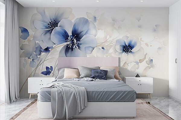 Schilderij van bloemen op een witte achtergrond Fotobehang Schilderij van bloemen op een witte achtergrond