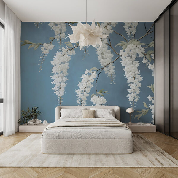 Witte bloemen aan een tak Fotobehang Witte bloemen aan een tak