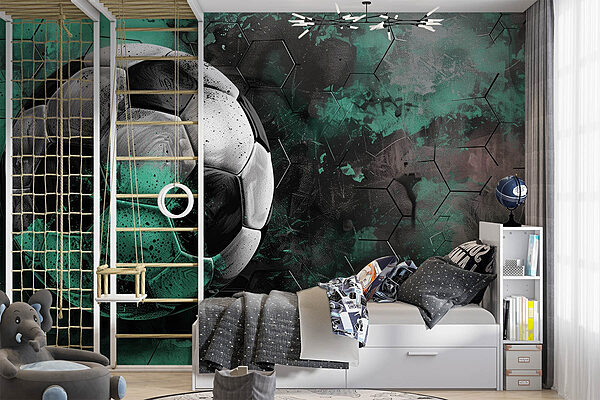 Voetbal op een groene en zwarte achtergrond Fotobehang Voetbal op een groene en zwarte achtergrond