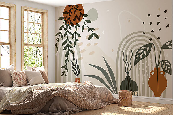 Grafiek van een plant en potplanten Fotobehang Grafiek van een plant en potplanten