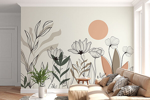 Tekening van bloemen en bladeren Fotobehang Tekening van bloemen en bladeren