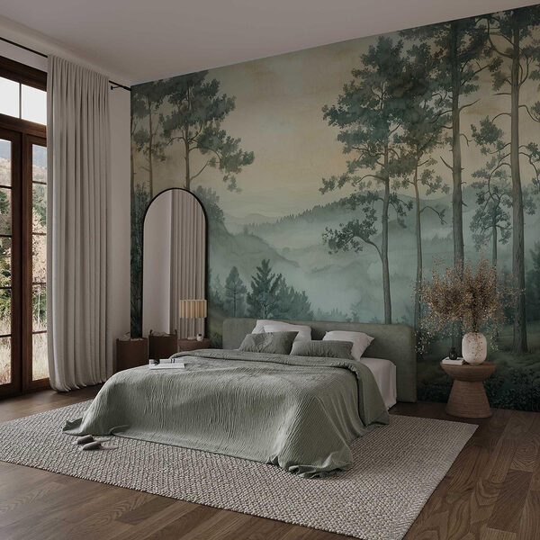 Schilderij van een bos met mist Fotobehang Schilderij van een bos met mist