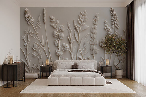 Wit bloem- en bladmotief Fotobehang Wit bloem- en bladmotief