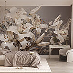 Fotobehang Witte bloemen met bruine en witte krullen