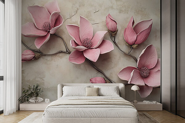 Groep roze bloemen op een wit vlak Fotobehang Groep roze bloemen op een wit vlak