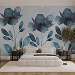 Fotobehang Blauwe bloemen en bladeren