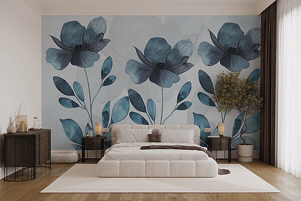 Blauwe bloemen en bladeren Fotobehang Blauwe bloemen en bladeren