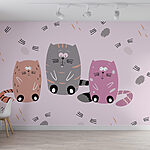 Fotobehang Groep katten zittend op een roze oppervlak