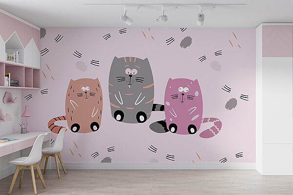 Groep katten zittend op een roze oppervlak Fotobehang Groep katten zittend op een roze oppervlak