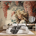 Fotobehang Vrouw in een boom met bloemen