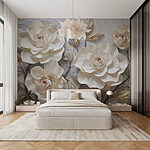 Fotobehang Witte bloemen en bladeren op een wit oppervlak