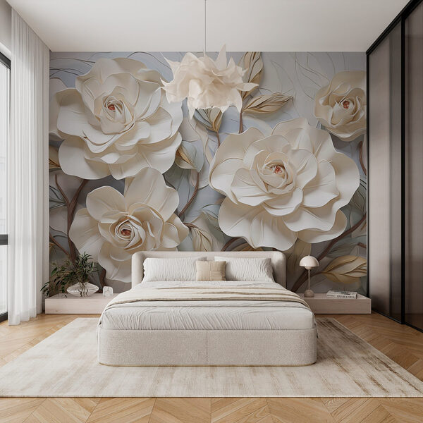 Witte bloemen en bladeren op een wit oppervlak Fotobehang Witte bloemen en bladeren op een wit oppervlak